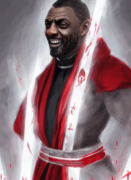 Image similar to a highly detailed illustration of idris elba as a sadistic sharp white haired priest wearing red and white robe, dramatic smiling wielding bloody cross pose, gothic church background, intricate, elegant, highly detailed, centered, digital painting, artstation, concept art, smooth, sharp focus, league of legends concept art, wlop