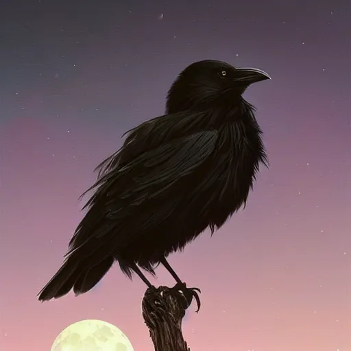 Image similar to crow on tree in front of the full big moon, highly detailed, digital painting, artstation, concept art, smooth, sharp focus, illustration, Unreal Engine 5, 8K, art by artgerm and greg rutkowski and alphonse mucha