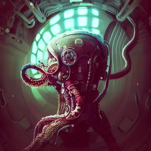 Image similar to hyperrealistic portrait of a squid monster astronaut, full body portrait, well lit, intricate abstract. cyberpunk, intricate artwork, by Tooth Wu, wlop, beeple. octane render,in the style of Jin Kagetsu, James Jean and wlop, highly detailed, sharp focus, intricate concept art, digital painting, ambient lighting, 4k, artstation