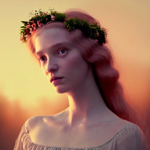 Image similar to photographic portrait of a stunningly beautiful english midsummer queen renaissance female in soft dreamy light at sunset, beside the river, soft focus, contemporary fashion shoot, in a denis villeneuve and tim burton movie, by edward robert hughes, annie leibovitz and steve mccurry, david lazar, jimmy nelsson, extremely detailed, breathtaking, hyperrealistic, perfect face, octane render