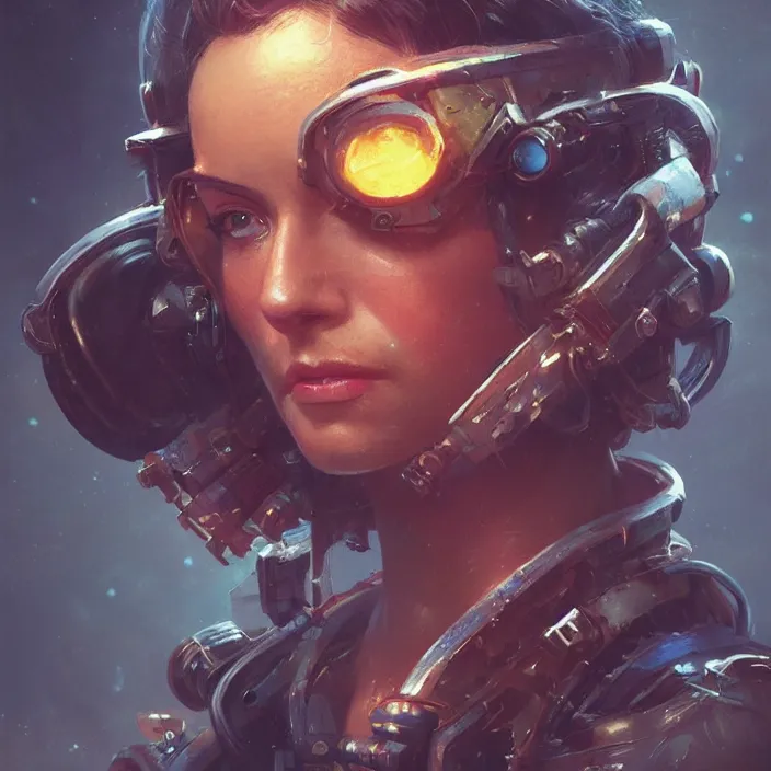 Image similar to a head and shoulders portrait of a female space pirate, neon, retro, steampunk, smooth, sharp focus, intricate, artstation, detailed concept art by Greg Rutkowski and Norman Rockwell and artgerm and Beksinski