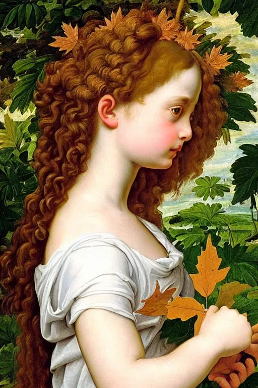 Prompt: renaissance painting of young girl in the garden, closeup, curly long hair, face closeup, emotions closeup, dressed in roman armour, the beautiful garden with maple leaves everywhere, ultra detailed, art by guido reni style, vincenzo catena style