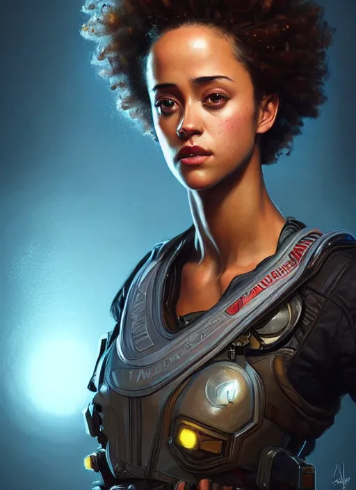 Image similar to portrait of apex legends nathalie emmanuel, intricate, elegant, glowing lights, highly detailed, digital painting, artstation, glamor pose, concept art, smooth, sharp focus, illustration, art by artgerm and greg rutkowski, artey freytag