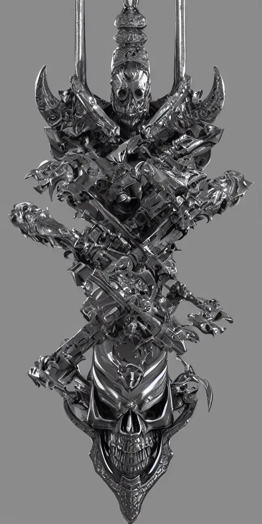 Image similar to a black and silver sword skull crest, ornament, weapon, a 3 d render by dom qwek, front side, concept art, trending on polycount, artstation, hard surface modeling, zbrush, hd, blizzard, symmetry