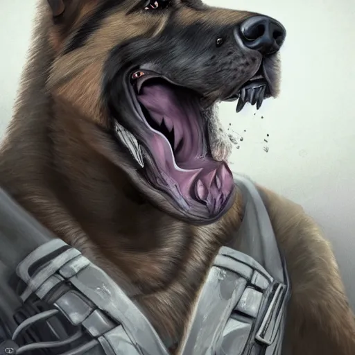 Image similar to a wounded humanoid german shepherd beast - man in military style, sitting on the bed, highly detailed portrait, digital painting, artstation, concept art, smooth, sharp foccus ilustration, artstation