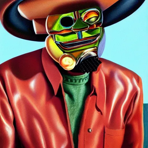 Image similar to beautiful lifelike painting of mf doom rhinestone cowboy, hyperreal detailed facial features and uv lighting, art by ed roth and basil wolverton