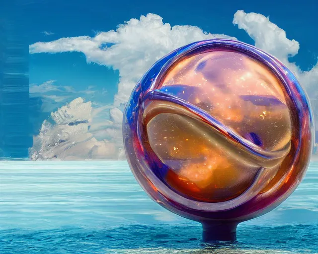 Image similar to a giant sculpture of the birth of the universe on the ocean water, in the style of jeff koons, award winning, cinematic, hyper - realistic, very detailed, realistic water splashes, ray tracing, 8 k resolution, long - shot, sharp focus, low angle, 8 5 mm photograph, wide lens