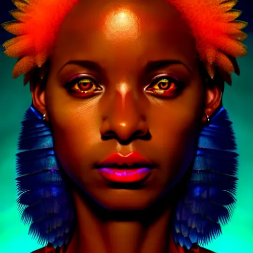 Image similar to centered chiaroscuro girlboss portrait of african goddess of nature, symmetrical face, iridescent feathers 3 d subsurface scattering, character concept art in hues of blue - green and red - orange, by artgerm