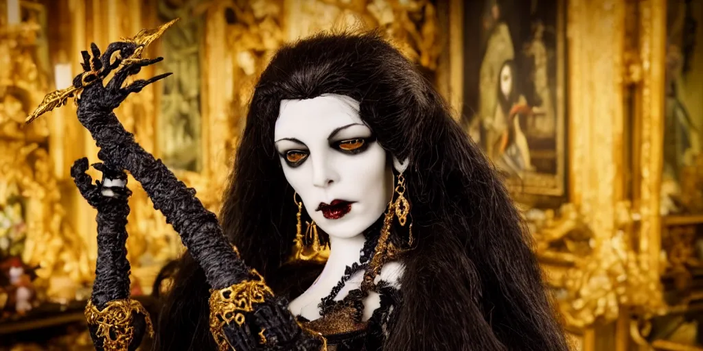 Prompt: photo taken of an epic intricate, ultra detailed, super realistic stop motion puppet of a majestic gracious regal aristocratic brunette female vampire and an indoor gothic filmset created by weta workshop and tim burton, menacing, wide angle, full body shots, photorealistic, sharp focus, gloomy, extremely cold blueish colour temperature, 3 5 mm, f 1. 4, golden ratio