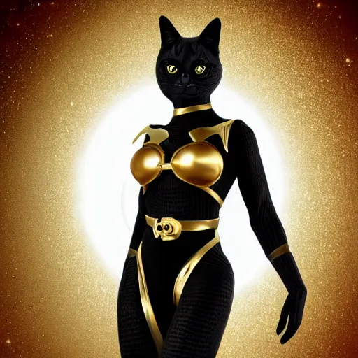 Prompt: a black cat wearing a gold armor outfit, a character portrait by hanns katz, shutterstock contest winner, afrofuturism, sci - fi, 3 d render