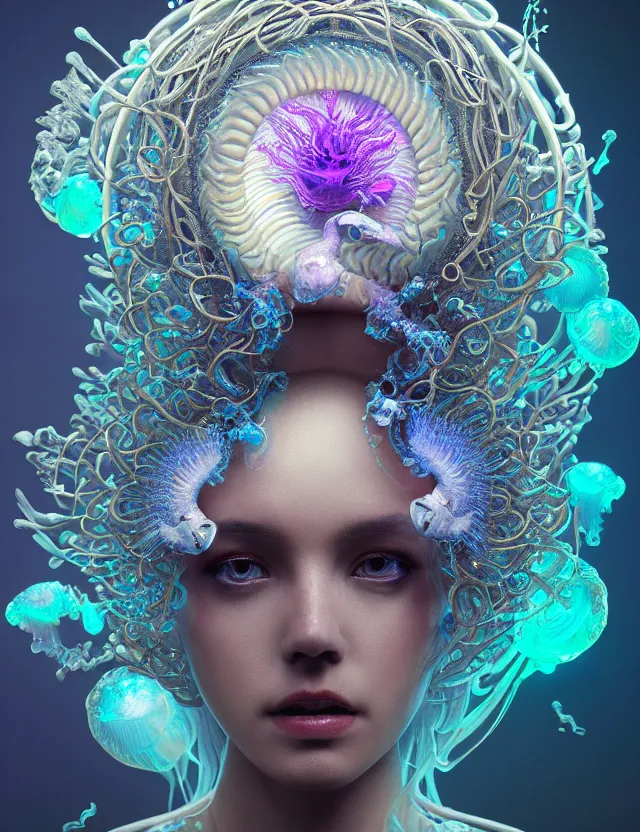 Image similar to goddess macro close - up portrait in crown made of ram skull. betta fish, jellyfish phoenix, bioluminiscent, plasma, ice, water, wind, creature, super intricate ornaments artwork by tooth wu and wlop and beeple and greg rutkowski