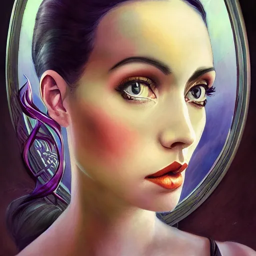 Prompt: an art nouveau, ( streamline moderne ), multi - racial portrait in the style of anna dittmann and charlie bowater and vitaly bulgarov. very large, clear, expressive, and intelligent eyes. centered, ultrasharp focus, dramatic lighting, photorealistic digital matte painting, intricate symmetrical ultra detailed background.