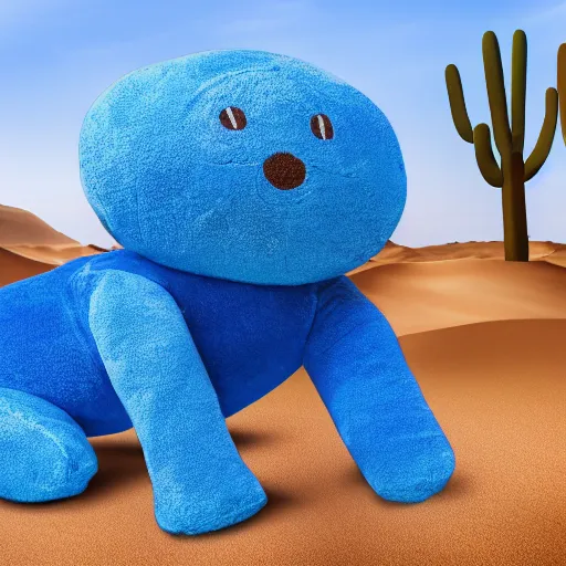 Image similar to blue'snappy gifts'human - sized plush doll, in the desert, holding gift, happy atmosphere, high detail, 8 k