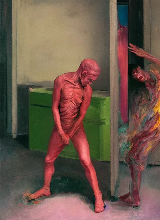 Image similar to an expressive skinny artist wearing overalls physically fighting with a ghost, inside a grand studio, depth of field, hauntingly surreal, highly detailed oil painting, by francis bacon, edward hopper, adrian ghenie, glenn brown, soft light 4 k, green and pink colour palette, cinematic composition, cinematic lighting, high quality octane render, masterpiece