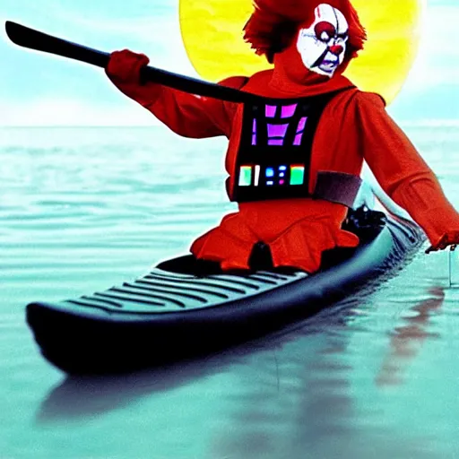 Prompt: pennywise the clown fighting darth vader on a kayak, photo, hyperrealistic, star wars, it