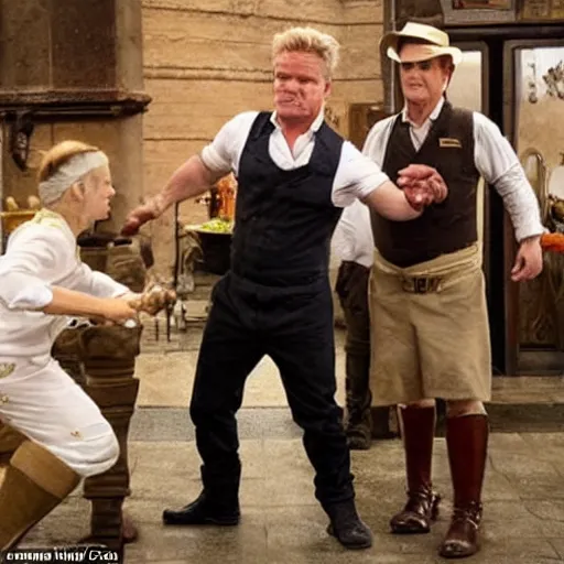 Image similar to candid shot of gordon ramsey is indiana jones finding the lamb sauce, indiana jones