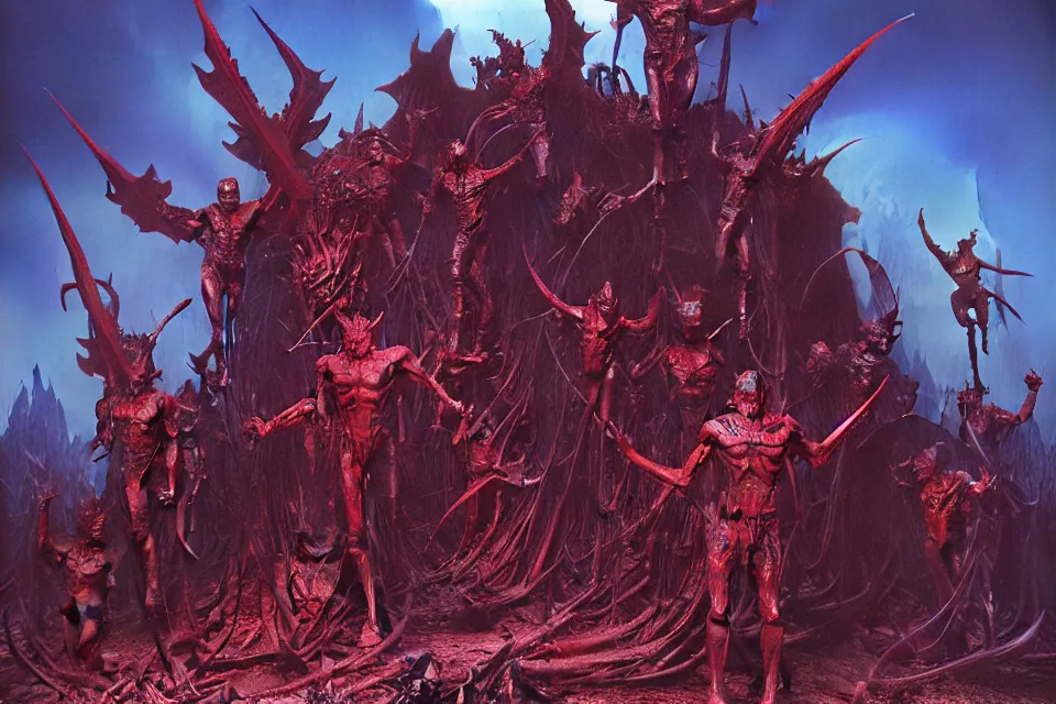 Prompt: satans fall from paradise into hell by mark riddict, james ryman, wayne barlowe.