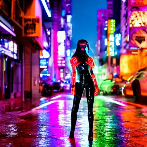 Prompt: cyberpunk robot women in neon city standing in the rain,