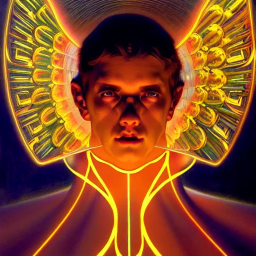 Image similar to tron angel, innocent illuminated face, psychedelic lsd, diffuse lighting, hyper realistic, elegant, intricate, hyper detailed, smooth, sharp focus, concept art, illustration, trending on artstation, art by john collier, artem demura, greg rutkowski, james gurney, and alphonse mucha