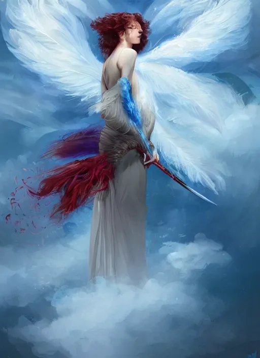 Image similar to a painting of a woman who made of curly and transparent feathers and cloud with red edges is holding a sword, a digital painting by charlie bowater, made of many translucent layers of blue feathers and cloud, metaphysical painting, speedpainting, digital painting, holographic undertones, highly saturated colors, 4 k, digital art, concept art, trending on artstation