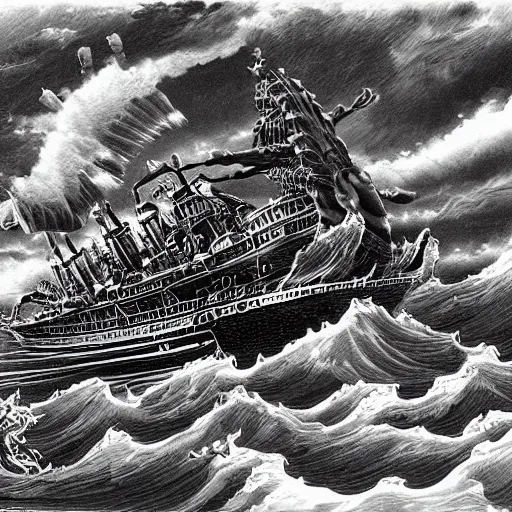 Image similar to a highly detailed hyperrealistic scene of a ship being attacked by giant squid tentacles, ultra realistic, jellyfish, squid attack, dark, voluminous clouds, thunder, stormy seas, pirate ship, dark, high contrast, yoji shinkawa, scary, m.c. Escher, highly detailed, brutal, beautiful, octopus arms attacking the ship from the storm, illusion, artgerm