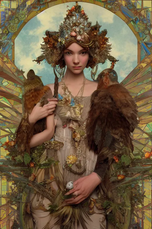 Image similar to zoom in 3 d render of english princess holding birds, ornaments, mucha vibe, dieselpunk, solarpunk, artstation, andrei riabovitchev