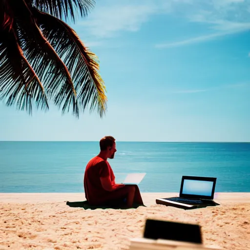 Image similar to stock photo of happy man working on laptop at beach, bokeh