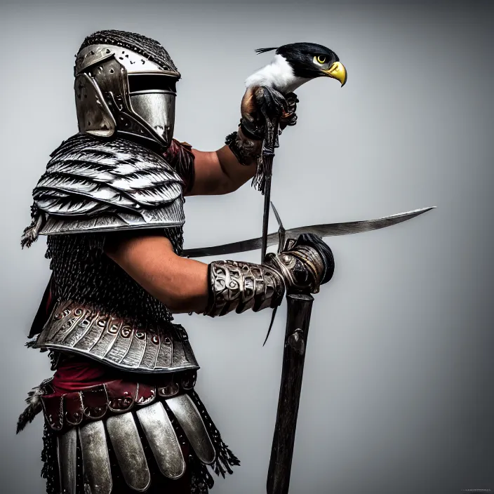 Prompt: full length photo of a warrior with falcon armour, highly detailed, 4 k, hdr, smooth, sharp focus, high resolution, award - winning photo