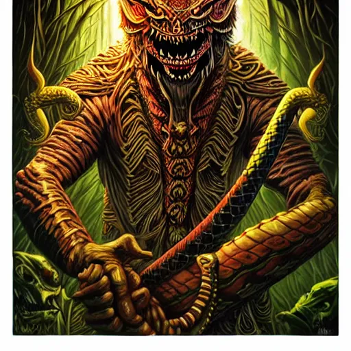 Prompt: barong family member, wiwek, mara demon, one single tribe member, jungle, one single mask, dark, ancient warrior, snake, dragon, tribal, inner glow, art by dan mumford and justin gerard