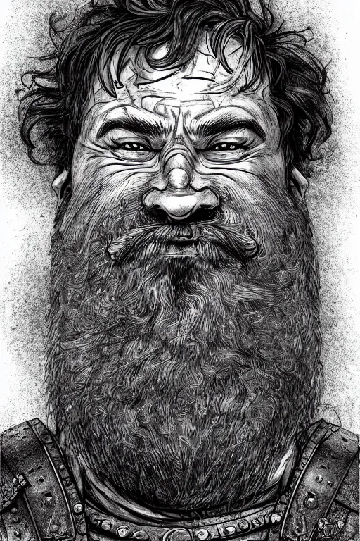 Image similar to head and shoulders portrait of a dwarf adventurer, jovial, scarred lip, grandfatherly, leather armor, male, tavern background, high fantasy, d & d, by klimt, face details, extremely detailed, digital illustration