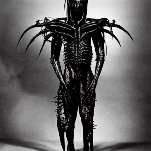 Image similar to H R Giger’s Alien, dressed in avant-garde outfit, posing on a runway