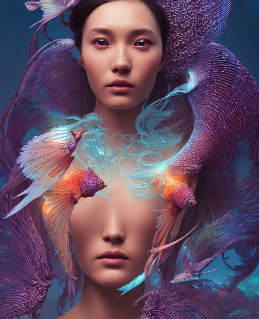 Prompt: goddess close-up portrait. orchid bird phoenix head, nautilus, skull, betta fish, bioluminiscent creatures, intricate artwork by Tooth Wu and wlop and beeple. octane render, trending on artstation, greg rutkowski very coherent symmetrical artwork. cinematic, hyper realism, high detail, octane render, 8k