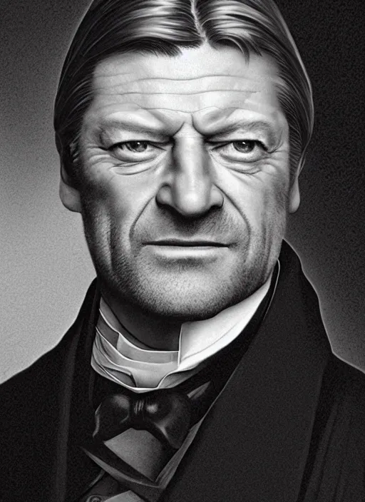 Prompt: portrait of sean bean as a victorian politician, smiling, victorian, detailed face, highly detailed, cinematic lighting, photograph by elliott & fry