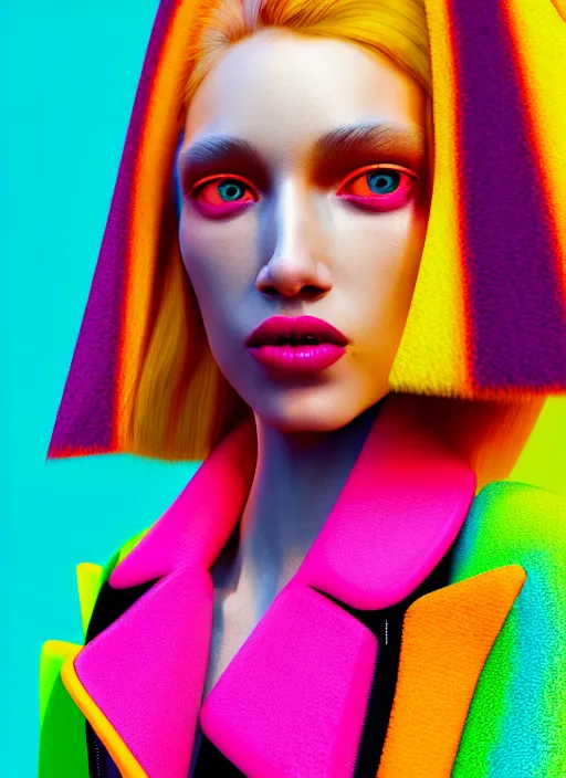 Image similar to stylish coat for a rave, bright colors, many details, prints, photo for a magazine, photo for a store, fashion photography, Vogue, 135 mm, cinematic, hyper realism, high detail, octane render, 8k, chrome accents, very coherent symmetrical artwork, perfect face model, full length photo, Upper and lower body