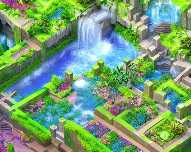 Prompt: Hidden gardens in 4th dimension, isometric, impossible architecture, waterfalls, relaxing, pastel colors