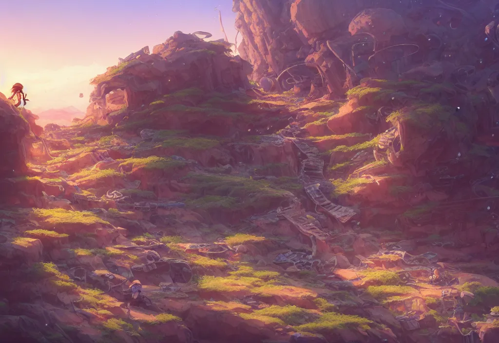 Image similar to sandfalls from a cliff, rocks, bones, old tv screens, car parts, intricate oil painting, high detail illustration, sharp high detail, manga and anime 1 9 9 9, official fanart behance hd artstation by jesper ejsing and makoto shinkai, 4 k,