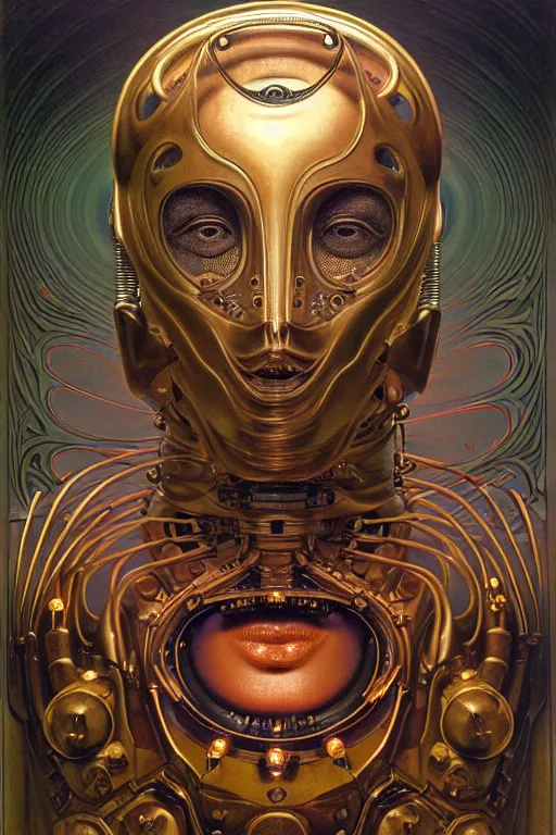 Prompt: human robot hybrid face, dmt, large metal mustache, muted colors, benevolent, nebula background, glowing eyes, detailed realistic surreal retro robot in full regal attire. face portrait. art nouveau, visionary, baroque, giant fractal details. vertical symmetry by zdzisław beksinski, alphonse mucha. highly detailed, realistic