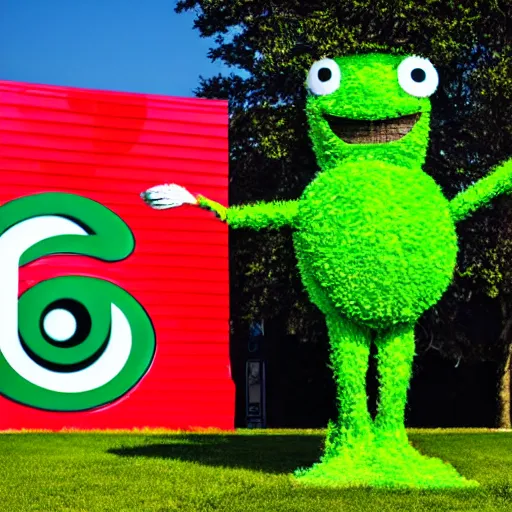 Prompt: french advertising with a happy green monster standing with a big round head and a thin high body with a grass texture. technicolor, in the background a big logo named cetelem. 5 0 mm, nikon, 1 / 6 sigma