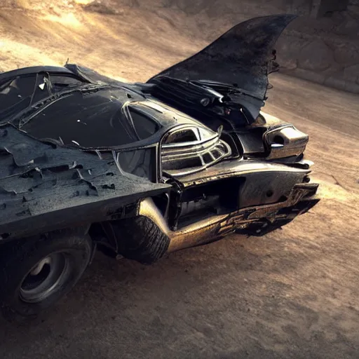 Image similar to the batmobile in mad max, au naturel, hyper detailed, digital art, trending in artstation, cinematic lighting, studio quality, smooth render, unreal engine 5 rendered, octane rendered, art style by klimt and nixeu and ian sprigger and wlop and krenz cushart