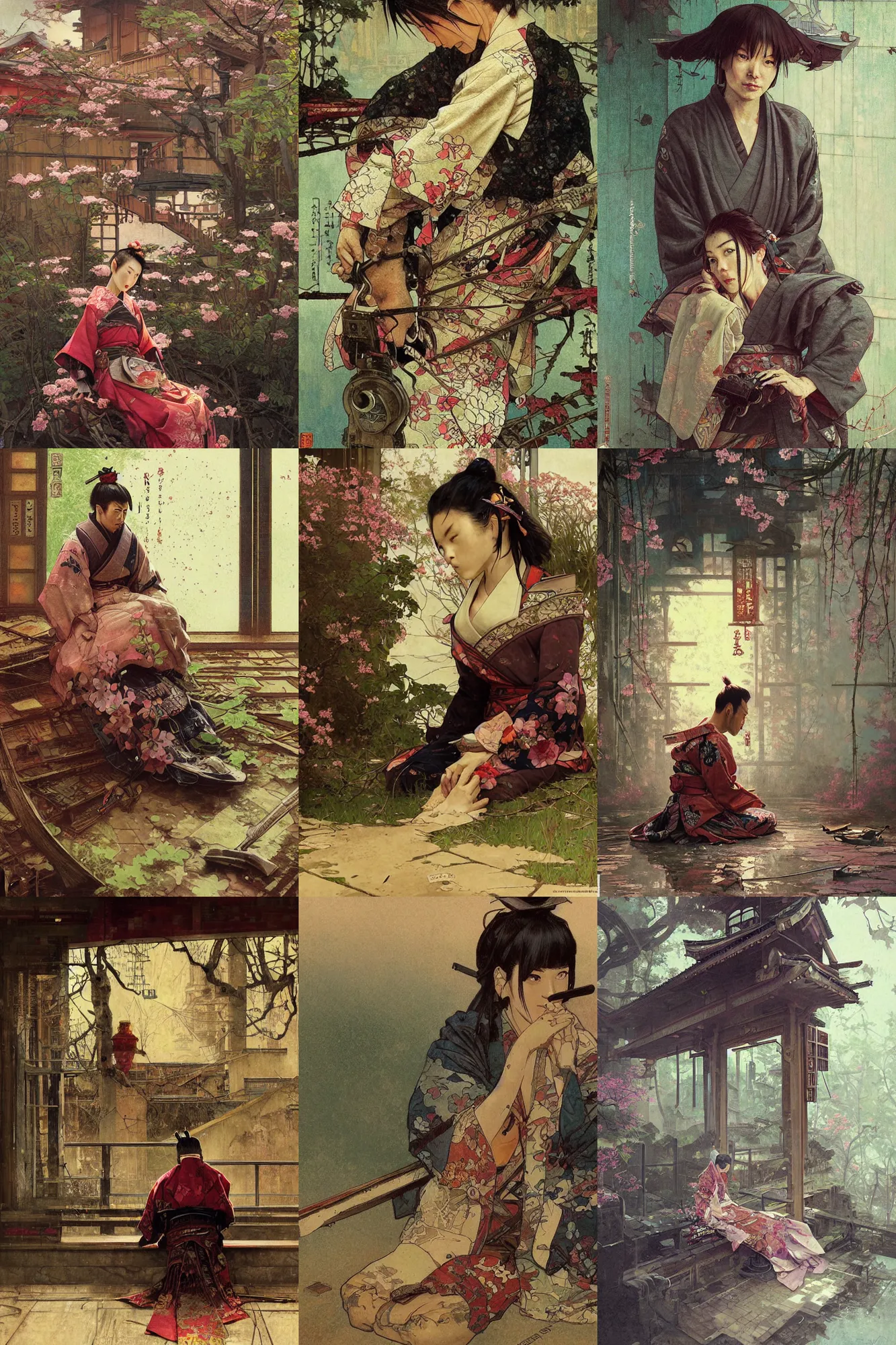 Prompt: The abandoned ronini samurai sitting alone under sakura, portrait by Stanley Artgerm Lau, greg rutkowski, thomas kindkade, alphonse mucha, loish, norman Rockwell