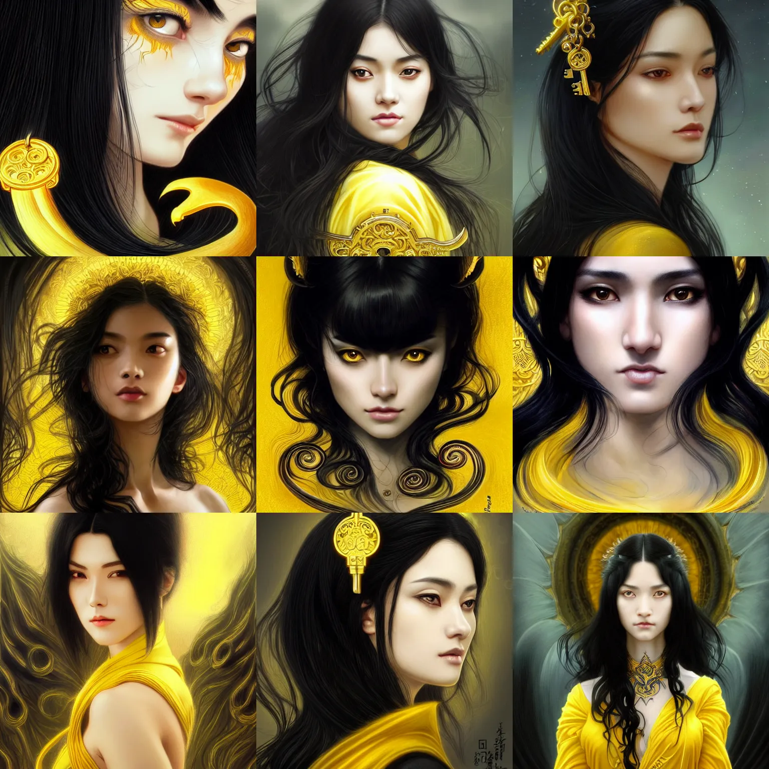 Prompt: beautiful black haired woman with yellow eyes holding a key ring, asian descend, wavy hair combed to one side, black clothes, closeup, d & d, fantasy, intricate, elegant, highly detailed, digital painting, artstation, concept art, matte, sharp focus, illustration, art by artgerm and greg rutkowski and alphonse mucha