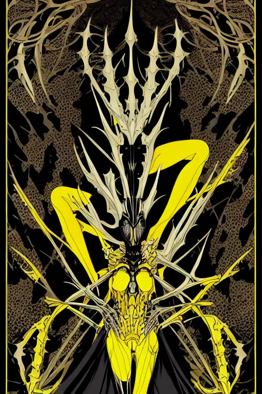 Image similar to black and yellow flat color, artgerm, joshua middleton, mucha, richard corben, wayne barlowe, moebius, heavy metal comic cover art, psychedelic triangular skeletal calcification fungus lich in darkiron spike armor, full body, hollow eyes, symmetrical face, long black crown, in a dungeon background, moody dark colors