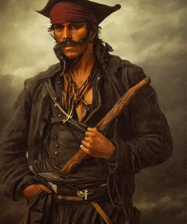 Image similar to ultra realistic color portrait painting of a spanish bandolero 1 9 th century pirate with a trabuco, dark, painted, brooding, atmospheric, landscape, smooth, epic, highly detailed, cinematic