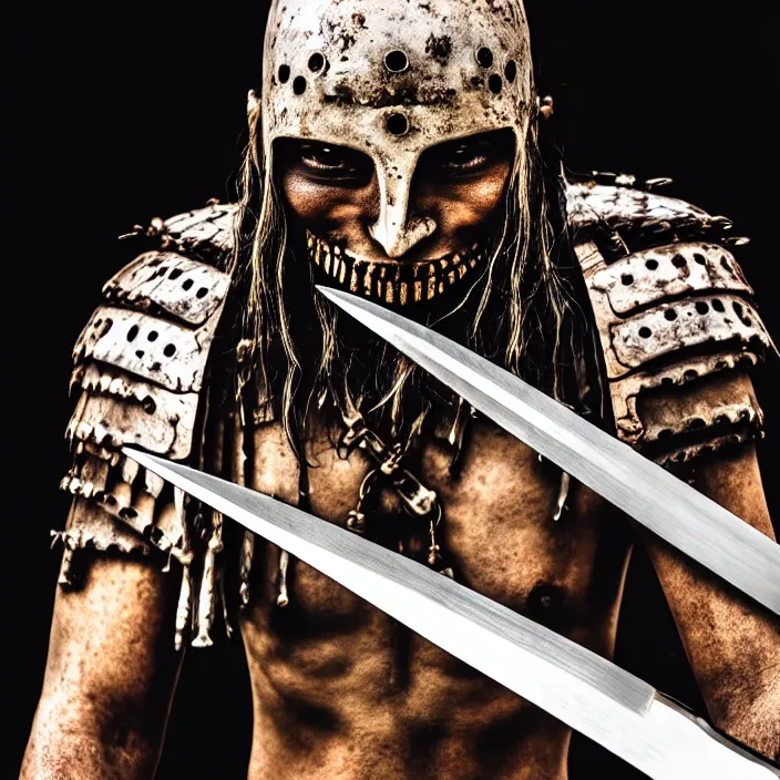 Image similar to photo of a warrior with bone blades coming out of forearm, highly detailed, 4 k, hdr, smooth, sharp focus, high resolution, award - winning photo