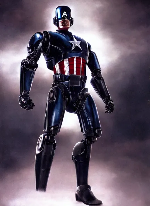 Image similar to robocop as captain america staring down the enemy in a sci fi movie