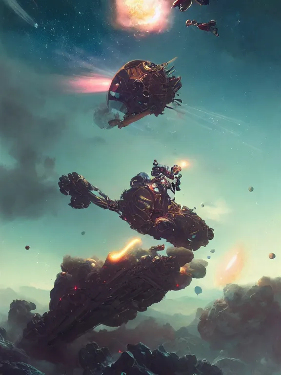 Image similar to photo of 8k ultra realistic astronaut riding an asteroids, nasa, clear sky, full of colour, cinematic lighting, battered, trending on artstation, 4k, hyperrealistic, focused, extreme details,unreal engine 5, cinematic, masterpiece, art by Peter Mohrbacher