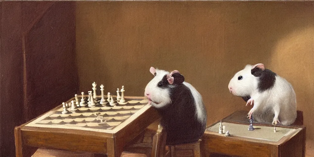 Image similar to a guinea pig playing chess inside a cozy victorian room, realistic oil paint