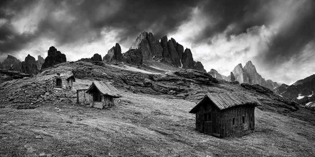 Image similar to photography of an old alpine hut, hay monster crawling out the door, alp, dolomites, alpine, detailed intricate insanely detailed octane render, 8k artistic 1920s photography, photorealistic, black and white, chiaroscuro, hd, by David Cronenberg, Raphael, Caravaggio