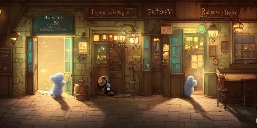 Prompt: lab to create a cute teddy bear entering an entrance of irish pub, natural lighting, playful color scheme, intricate details, matte painting, illustration, by hayao miyazaki