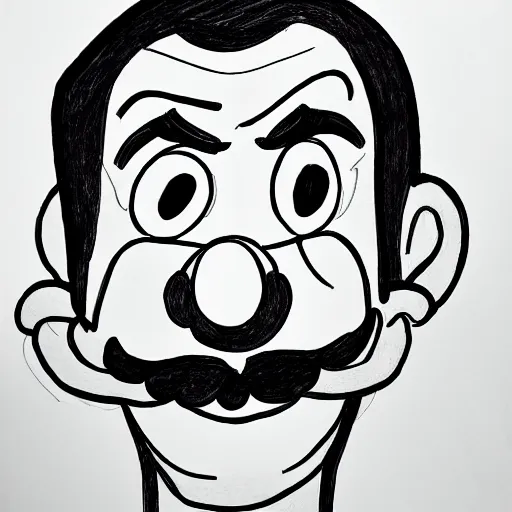 Image similar to continuous single line contour - drawing of waluigi, pen on white paper